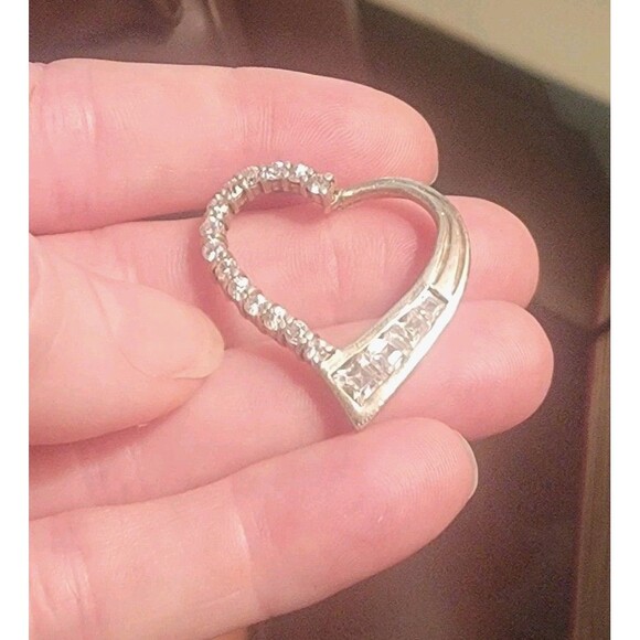 Sterling Silver Open Heart slide Pendant w Round & Baguette Diamonds signed JG - Picture 2 of 16